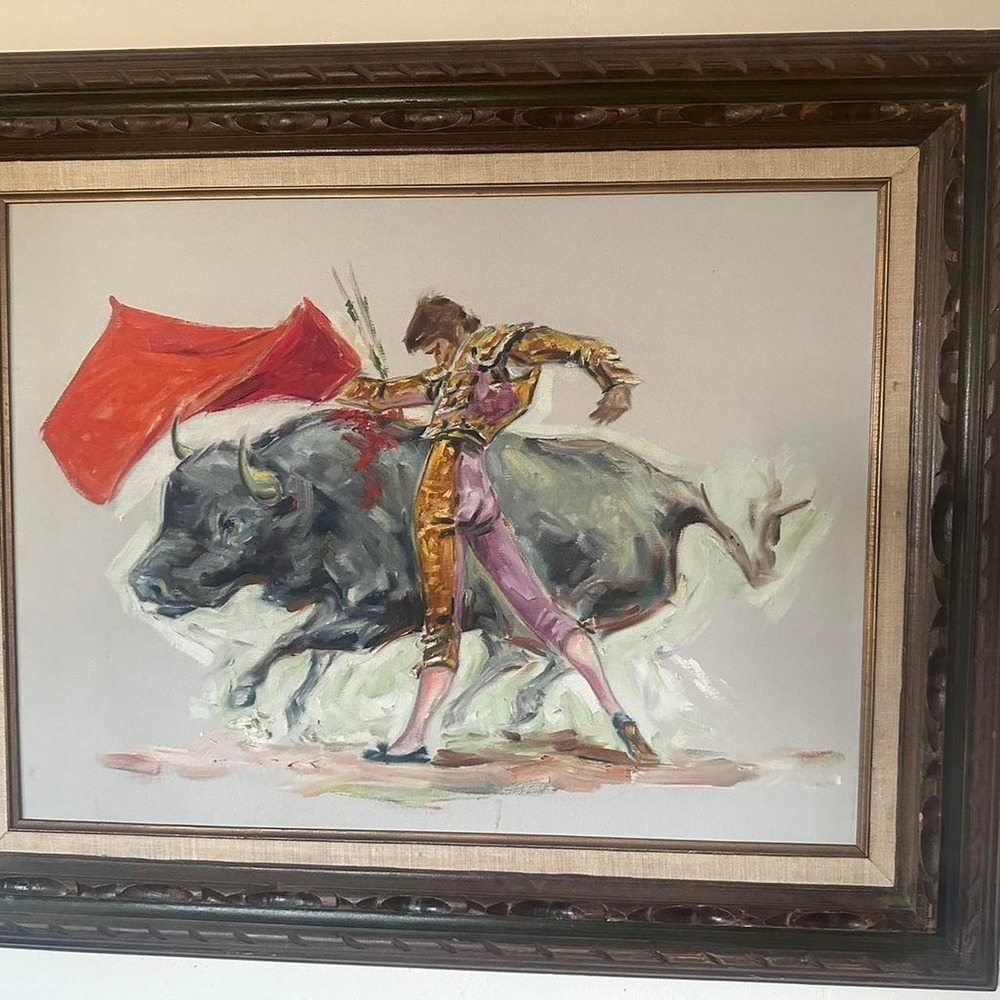 Vintage mid-century, modern hand painted original matador and bull painting